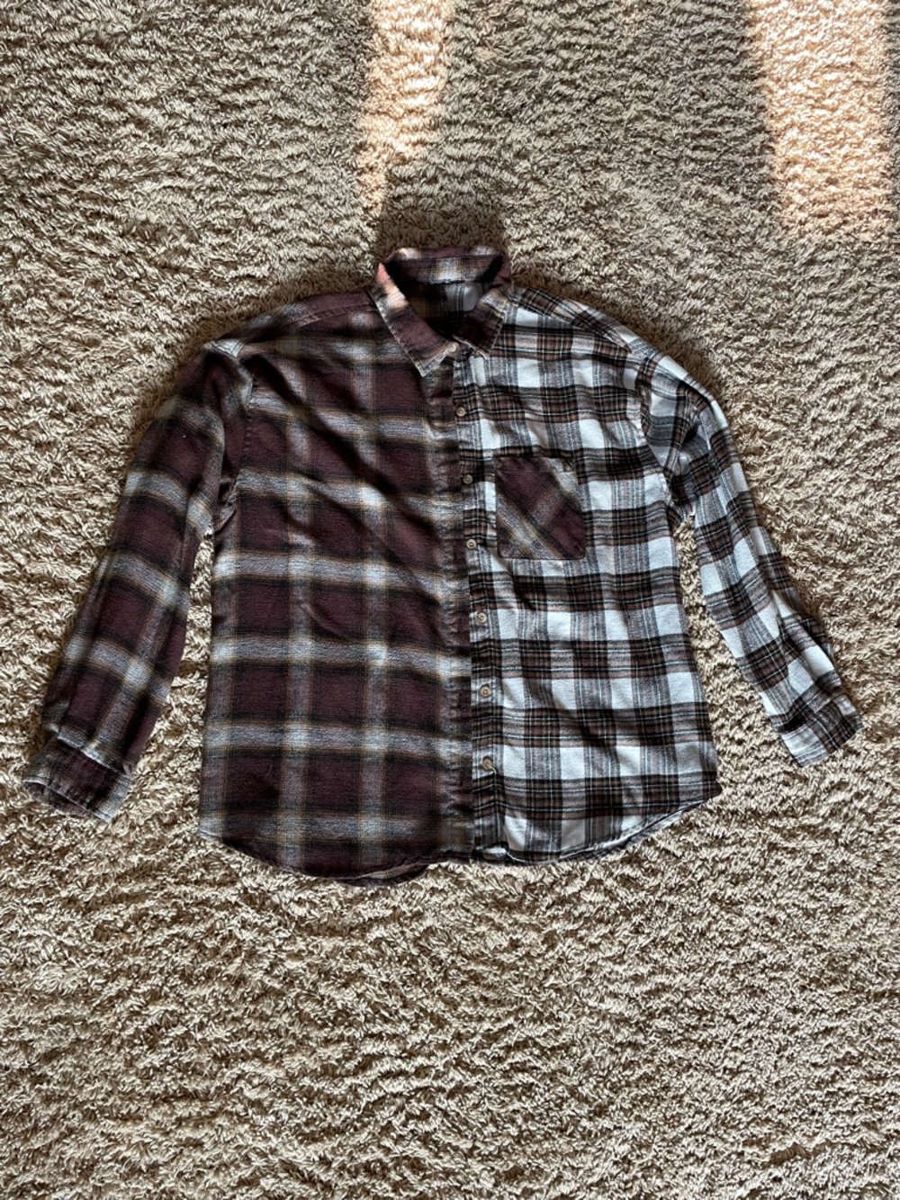 Two-Tone Plaid Button-Up Shirt - Brown/White